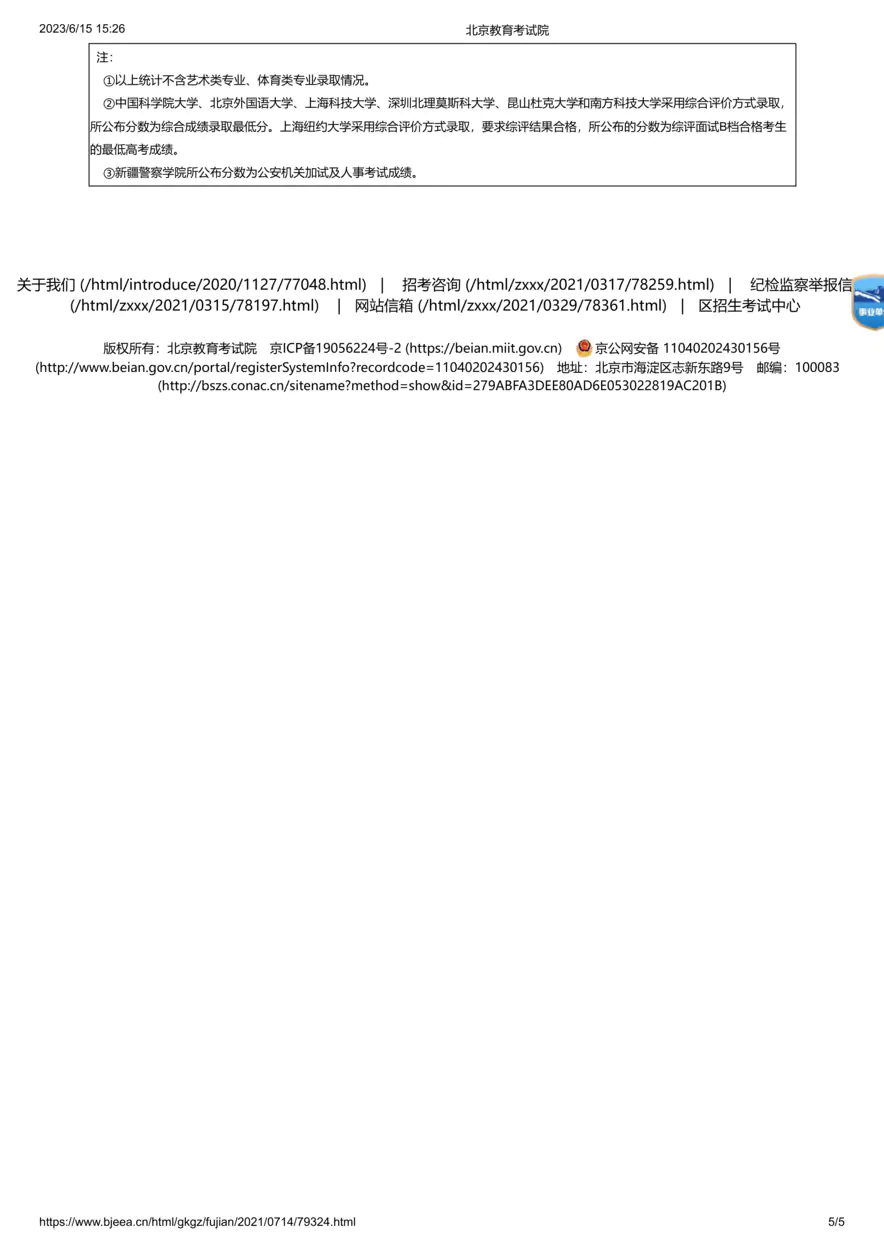 2021年北京市高招本科提前批普通类A段录取最低分数