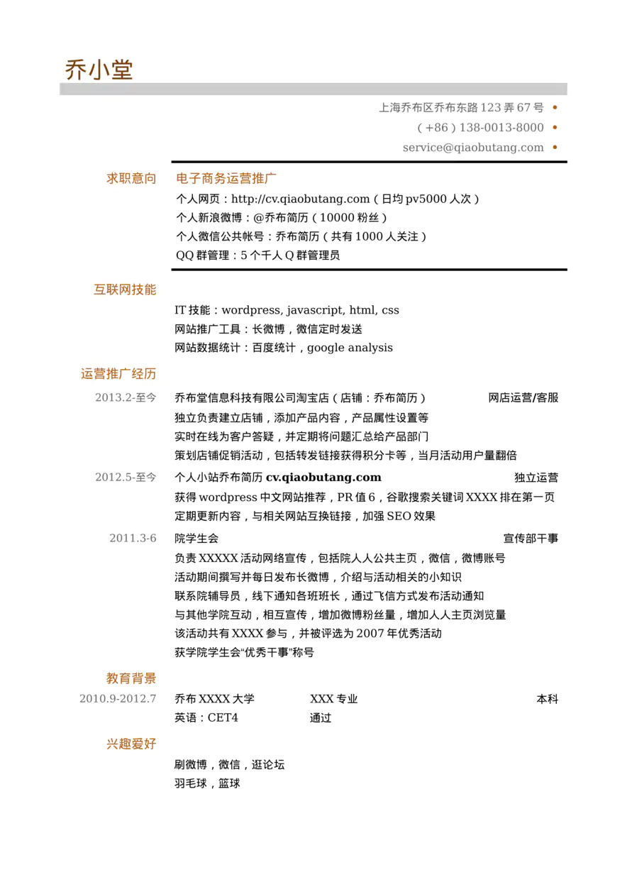 电子商务运营推广简历模板