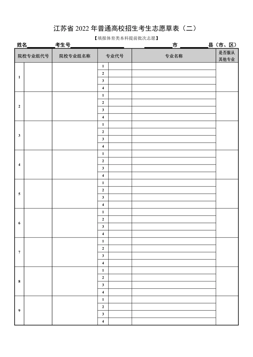 江苏省2022年普通高校招生考生志愿草表