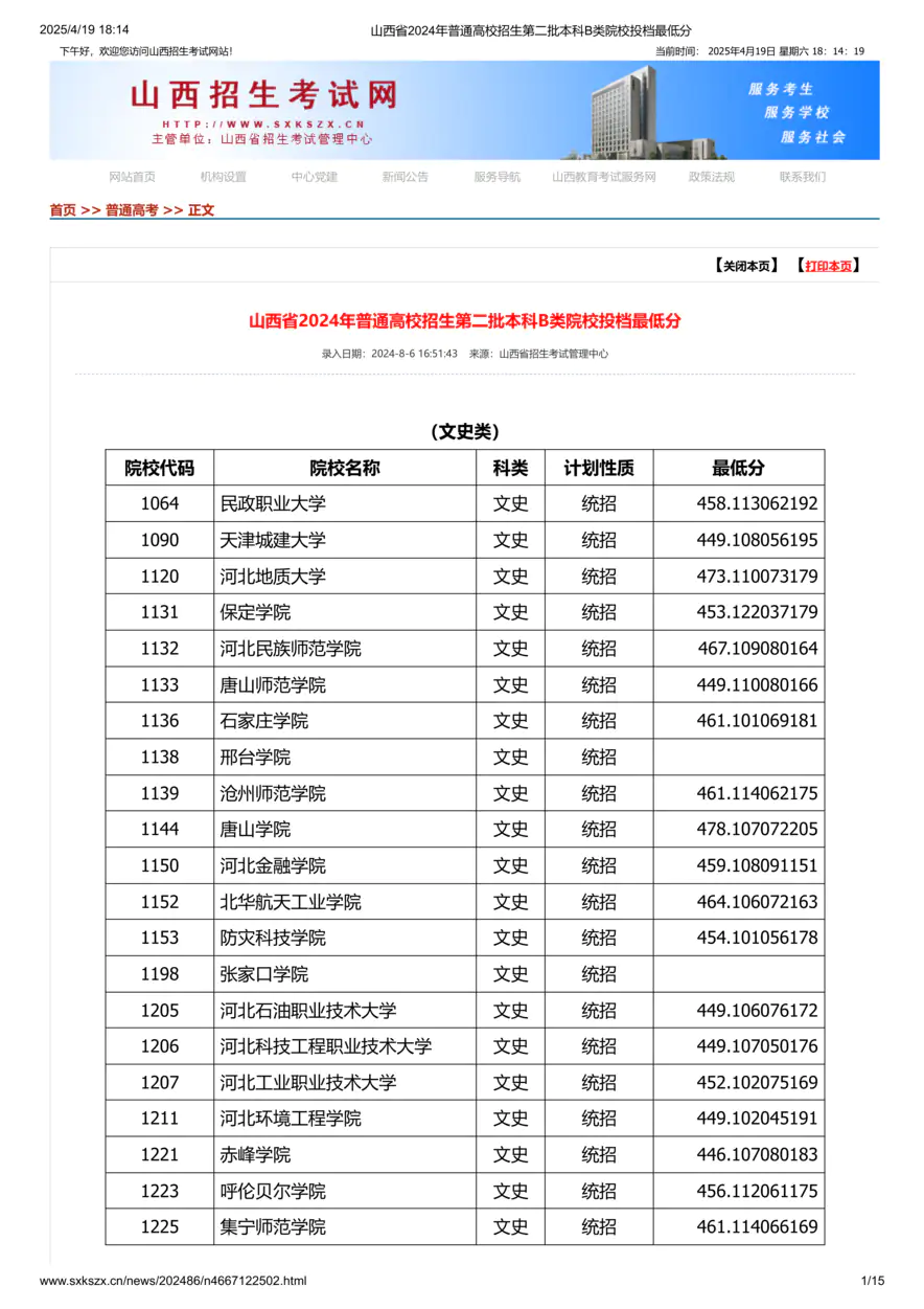 山西省2024年普通高校招生第二批本科B类院校投档最低分