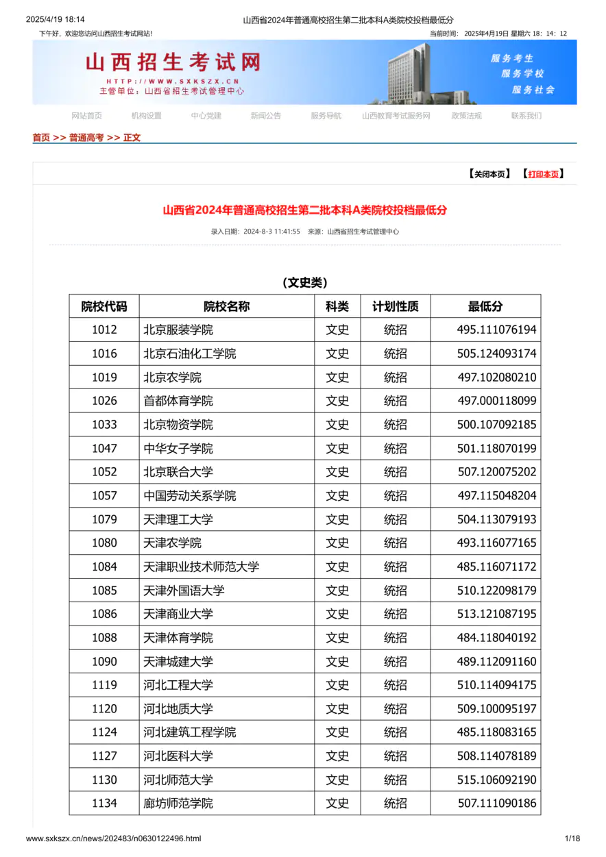 山西省2024年普通高校招生第二批本科A类院校投档最低分