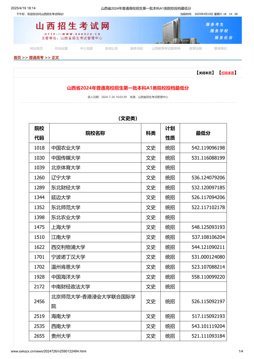 山西省2024年普通高校招生第一批本科A1类院校投档最低分