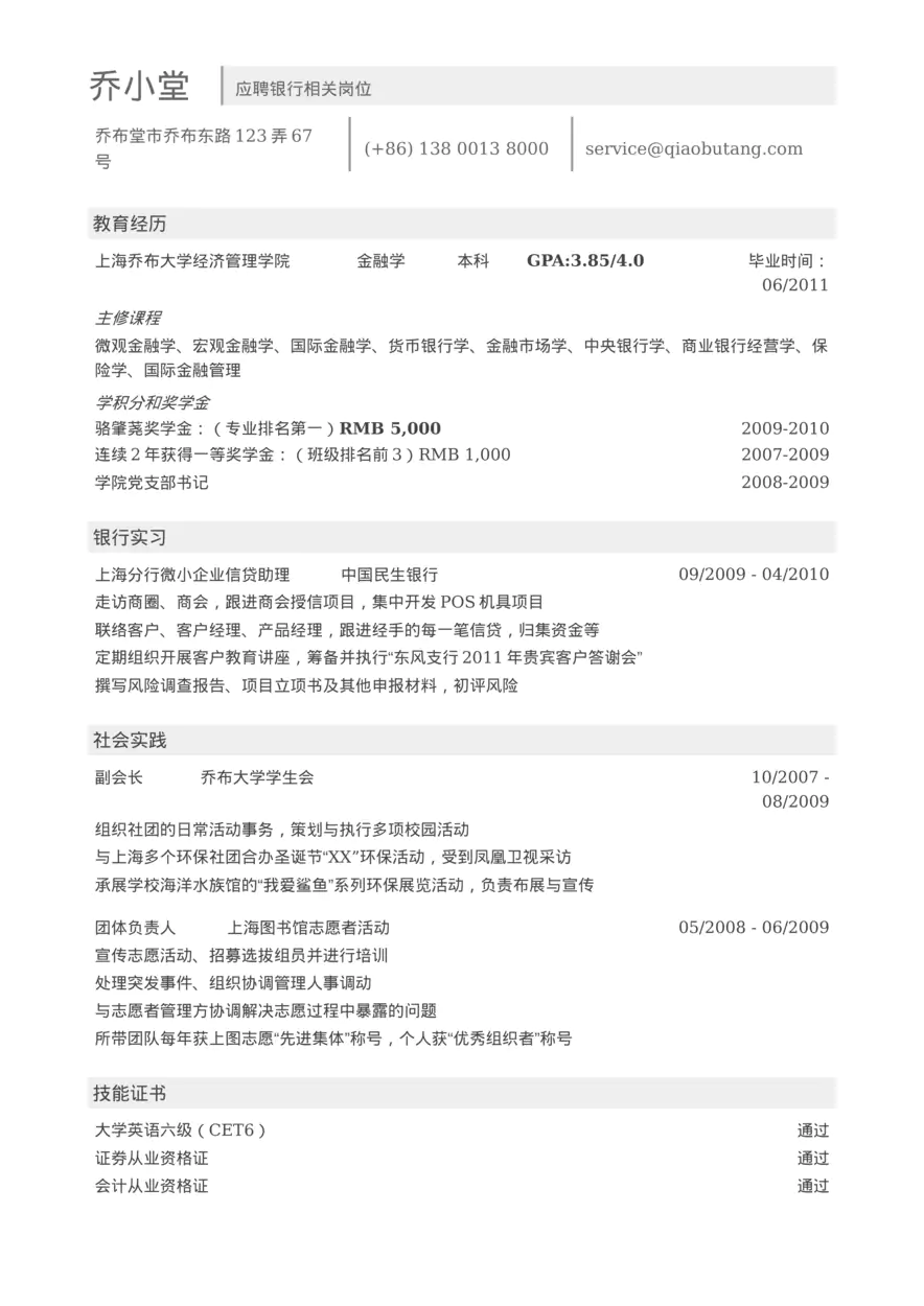 银行简历模板（突出成绩）